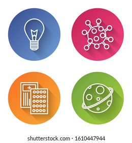 Set line Light bulb with concept of idea, Bacteria, Pills in blister pack and Planet. Color circle button. Vector