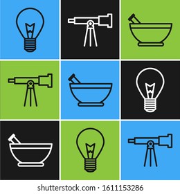 Set line Light bulb with concept of idea, Mortar and pestle and Telescope icon. Vector