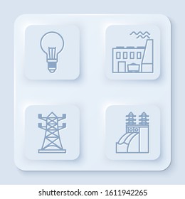 Set line Light bulb with concept of idea, Coal power plant and factory, High voltage power pole line and Nuclear power plant. White square button. Vector