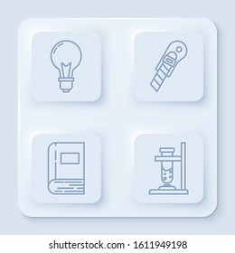 Set line Light bulb with concept of idea, Stationery knife, Book and Glass test tube flask on fire. White square button. Vector