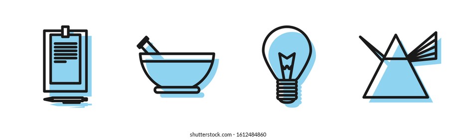 Set line Light bulb with concept of idea, Clipboard with document, Mortar and pestle and Light rays in prism icon. Vector