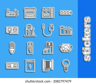 Set line Light bulb with concept of idea, Ampere meter, multimeter, voltmeter, Battery, Power station plant and factory, Electric car charging, Electrical outlet,  and Charger icon. Vector