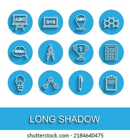 Fijar línea Bombilla de luz con el concepto de idea, molécula, cartulina, pluma, lista de verificación del Portapapeles, brújula de dibujo, calculadora y icono de copa de premio. Vector