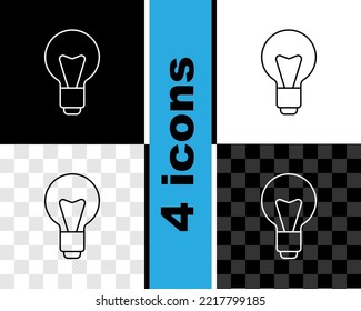 Set line Light bulb with concept of idea icon isolated on black and white, transparent background. Energy and idea symbol. Inspiration concept.  Vector