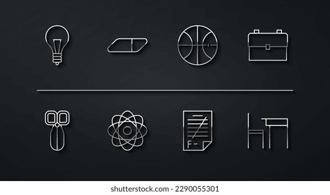 Set line Light bulb with concept of idea, Scissors, School backpack, Exam paper incorrect answers, Atom, Eraser rubber, table and chair and Basketball ball icon. Vector