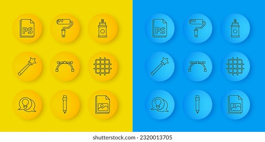 Set line Light bulb with concept of idea, Magic wand, Bezier curve, Picture landscape, Grid graph paper, PS File document, Paint spray can and roller brush icon. Vector