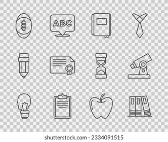 Set line Light bulb with concept of idea, Office folders, Book, Clipboard checklist, American Football ball, Certificate template, Apple and Microscope icon. Vector
