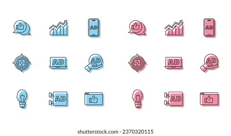 Setzen Sie die Glühbirne mit dem Konzept der Idee, Werbung, Kundenbewertung, Ziel- und Finanzwachstum Symbol. Vektorgrafik