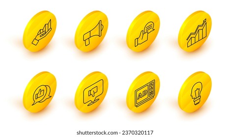 Fijar bombilla de luz con concepto de idea, publicidad, burbuja de disgusto de voz, calificación de productos del cliente, aumento del crecimiento financiero, Megáfono e ícono de infografía de gráfico circular. Vector