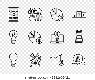 Set line Light bulb with concept of idea, Startup project, Financial growth, Target, Abacus, Pie chart and dollar,  and Stair finish flag icon. Vector