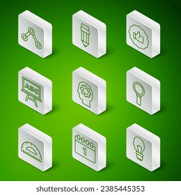 Set line Light bulb with concept of idea, Calendar first september date, Molecule, Head gear inside, Chalkboard, Pencil eraser, Protractor and Magnifying glass icon. Vector