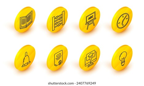 Set line Light bulb with concept of idea, Monitor graduation cap, Certificate template, Ringing bell, Clock, Chalkboard, Abacus and Open book icon. Vector