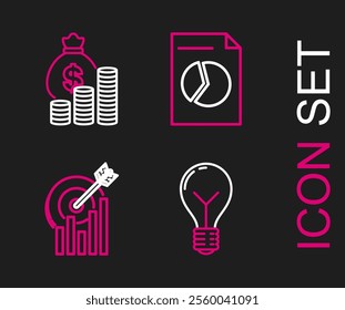 Set line Light bulb with concept of idea, Target graph chart, Document and Money bag and coin icon. Vector