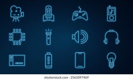 Set line Light bulb with concept of idea, Headphones, Gamepad, Flashlight, Processor microcircuits CPU, Retro cinema camera, Speaker volume and Telephone icon. Vector