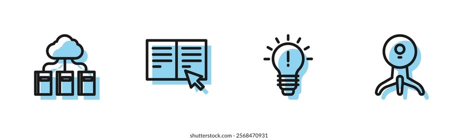 Set line Light bulb with concept of idea, Cloud or online library, Online book and Web camera icon. Vector