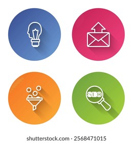 Set line Light bulb with concept of idea, Mail and e-mail, Lead management and SEO optimization. Color circle button. Vector