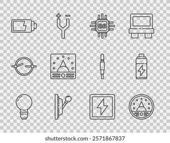 Set line Light bulb with concept of idea, Ampere meter, multimeter, voltmeter, Processor microcircuits CPU, Electrical panel, Battery charge level indicator, Lightning bolt and  icon. Vector