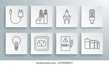 Set line Light bulb with concept of idea, Nuclear power plant, Electrical outlet in the USA, panel, Battery, plug, LED light and Charger icon. Vector