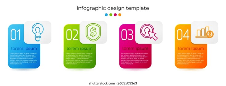 Set line Light bulb with concept of idea, Shield with dollar, User of man in business suit and Pie chart infographic and dollar. Business infographic template. Vector