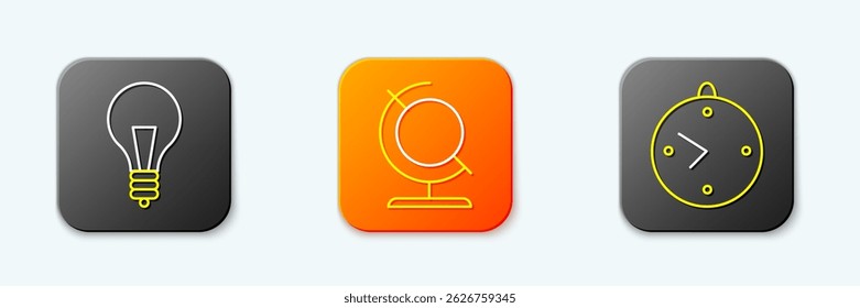 Set line Light bulb with concept of idea, Earth globe and Clock icon. Vector