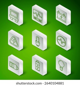 Set line Light bulb with concept of idea, Battery, Fuse, LED light, High voltage, Electrical measuring instruments, charge level indicator and circuit scheme icon. Vector