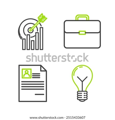 Set line Light bulb with concept of idea, Resume, Briefcase and Target graph chart icon. Vector