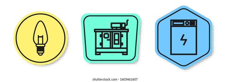 Set line Light bulb, Diesel power generator and Power bank. Colored shapes. Vector