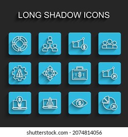 Set line Light bulb with dollar on laptop, Startup project concept, Business lifebuoy, Eye, Financial growth, Project team base,  and Briefcase and money icon. Vector