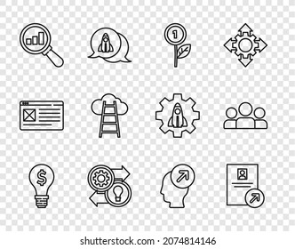 Set line Light bulb with dollar, Job promotion, Dollar plant, Human resources, Magnifying glass and analysis, Stair finish flag, Head hunting concept and Users group icon. Vector