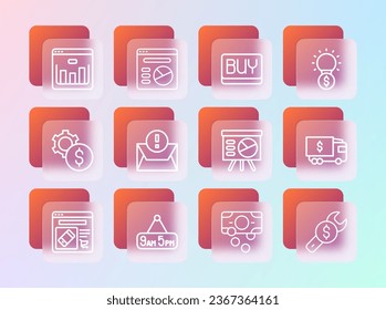 Set line Light bulb with dollar, From 9 to 5 job, Board graph, Stacks paper money cash, Envelope, Buy button, Browser stocks market and Pie chart infographic icon. Vector