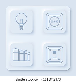 Set line Light bulb, Electrical outlet, Battery and Electric light switch. White square button. Vector