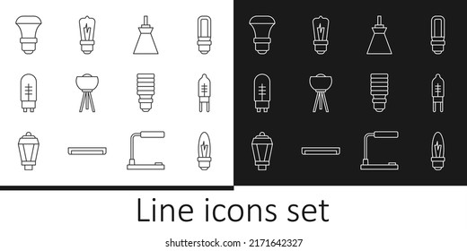Fijar la línea Bombilla de luz, diodo emisor, lámpara colgante, lámpara de piso, luz LED e icono. Vector