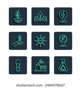 Set line Light bulb, Factory, Garbage bag with recycle, Lightning bolt, Solar energy panel, Plant hand, Earth globe leaf and Location icon. Vector