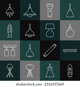 Set line Light bulb, Fluorescent lamp, Lamp hanging, Flashlight, Floor, Chandelier and Table icon. Vector