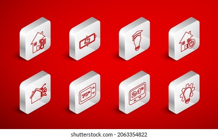 Set line Light bulb and gear, Battery, graduation cap, Smart home, Thermostat, House temperature,  and  icon. Vector