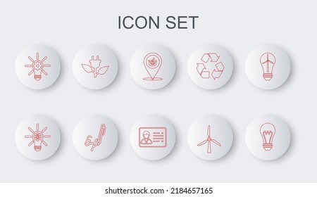 Set Line Light Bulb, With Gear, Location Shopping Basket, Wind Turbine, Electric Saving Plug Leaf, Signature And Identification Badge Icon. Vector