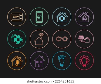 Set line Light bulb and gear, House with solar panel, Smart home, wi-fi, Thermostat, Glasses and Mobile heart rate icon. Vector