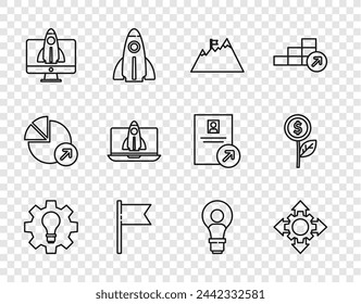 Set line Light bulb and gear, Project team base, Mountains with flag, Location marker, Startup project concept, Head lamp and Dollar plant icon. Vector