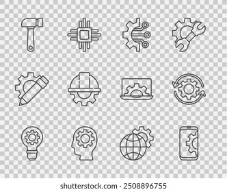 Set line Light bulb and gear, Setting on smartphone, Algorithm, Human head with inside, Hammer, Worker safety helmet, Globe of the Earth and Gear arrows as workflow icon. Vector