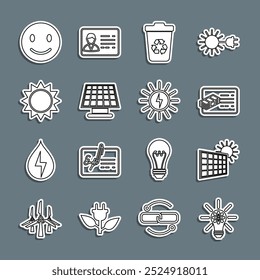 Set line Light bulb with gear, Solar energy panel and sun, Financial document, Recycle bin recycle, Sun, Smile face and  icon. Vector