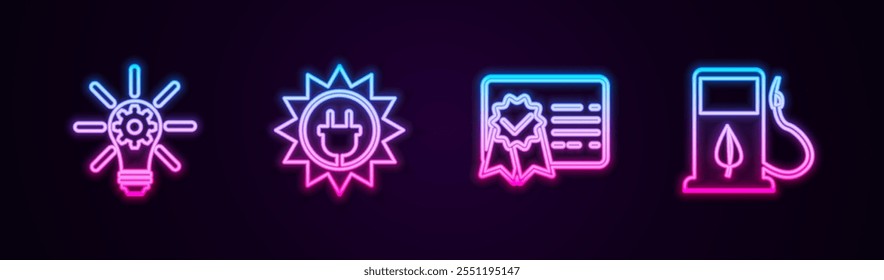 Bombilla de luz con engranaje, panel de energía solar, Plantilla de certificado y boquilla de repostaje de biocombustible. Icono de neón brillante. Vector