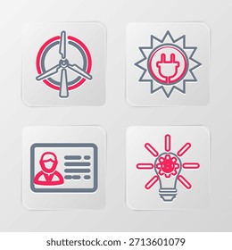 Bombilla de luz con engranaje, insignia de Identificación, panel de energía solar e ícono de turbina eólica giratoria. Vector