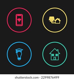 Set line Light bulb and graduation cap, House, with solar panel and Mobile wi-fi wireless icon. Vector
