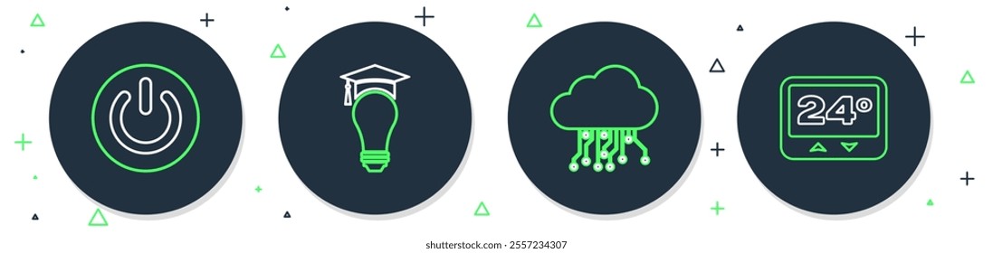 Set line Light bulb and graduation cap, Internet of things, Power button and Thermostat icon. Vector