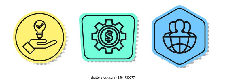 Set line Light bulb in hand, Gear with dollar symbol and Globe and people. Colored shapes. Vector