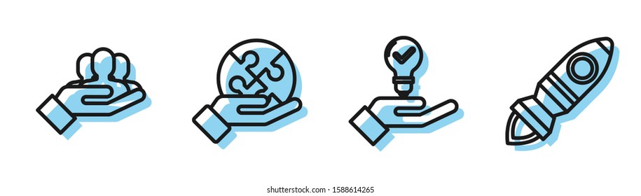 Set line Light bulb in hand, Project team base, Piece of puzzle in hand and Rocket ship with fire icon. Vector