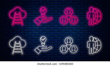 Set line Light bulb in hand, Project team base, Ladder leading to cloud and Globe and people. Glowing neon icon on brick wall. Vector
