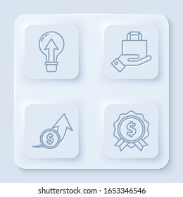 Set line Light bulb, Hand and paper shopping bag, Financial growth and coin and Price tag with dollar. White square button. Vector