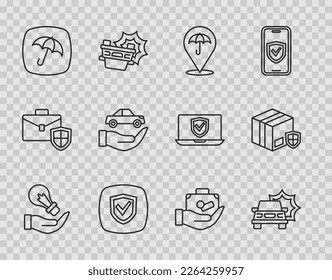Set line Light bulb in hand, Car accident, Umbrella, Shield, insurance, Travel suitcase and Delivery security with shield icon. Vector