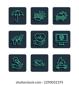 Set line Light bulb in hand, Flood car, Burning, Car accident, Life insurance, House lightning, Umbrella and Insurance online icon. Vector
